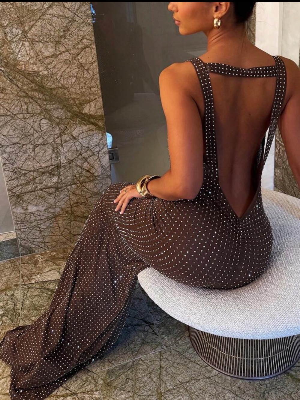 Elegant Backless Brown Evening Gown with Crystal Dots